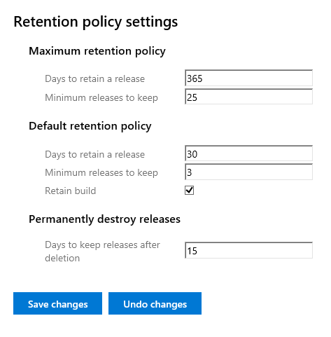 Screenshot of the retention policy settings in Azure DevOps Server.