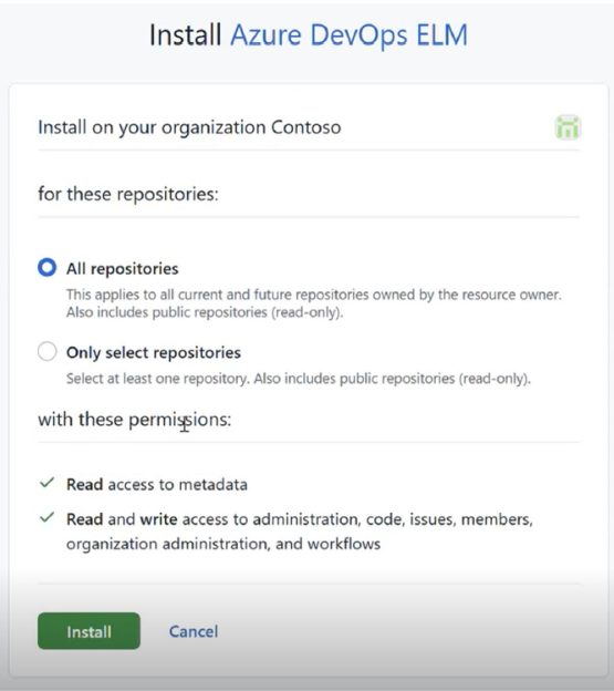 Screenshot of the Azure DevOps ELM organization installation page with All repositories selected and the Install button.