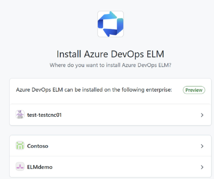 Screenshot of the Azure DevOps ELM installation page with the target enterprise and organizations available for selection.