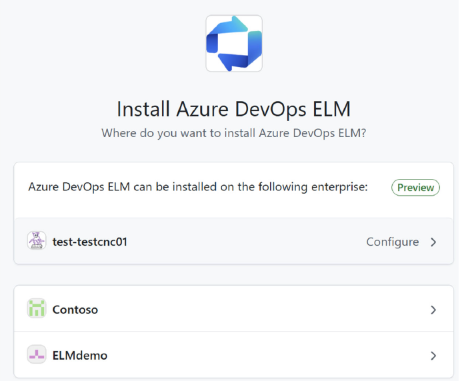 Screenshot of the Azure DevOps ELM installation page with the target organization available for selection.