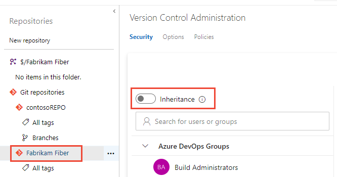 Screenshot that shows enabling or disabling Inheritance for a specific repository.