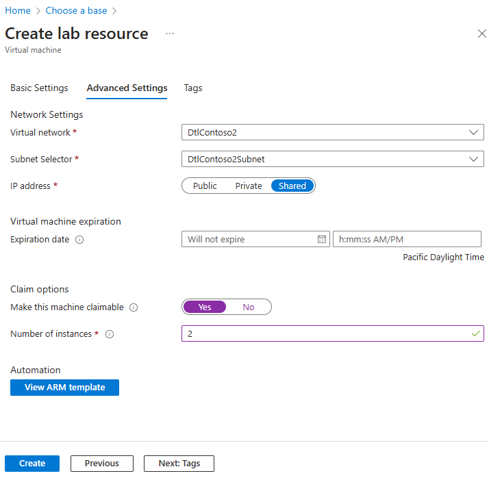 Screenshot that shows the VM Advanced Settings page.