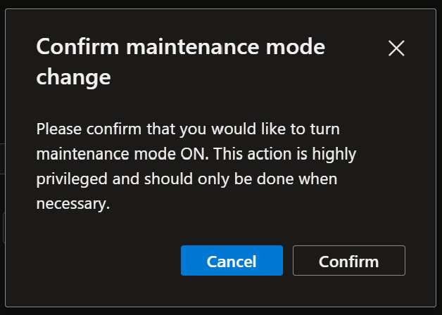 Screenshot showing the popup confirmation box for maintenance mode confirmation.