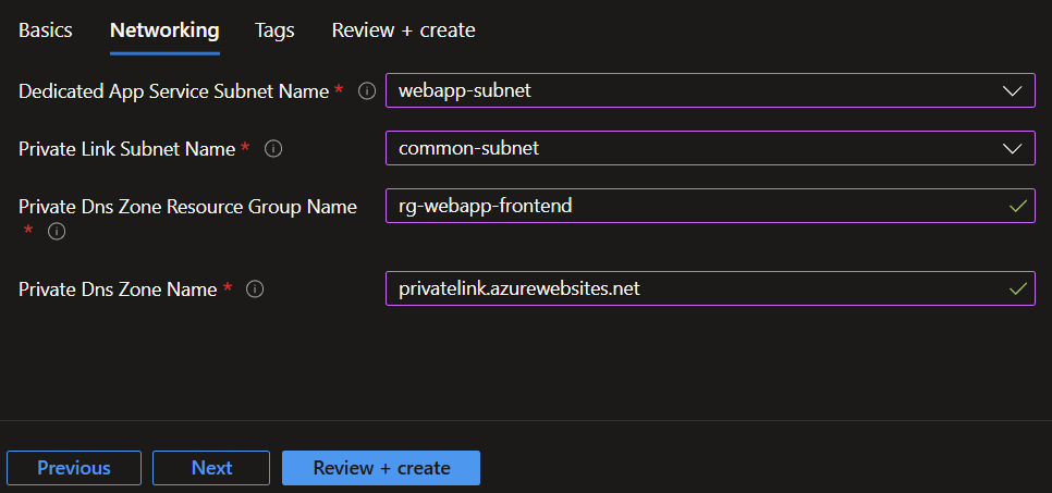 Screenshot showing the networking input screen for an App Service web app.