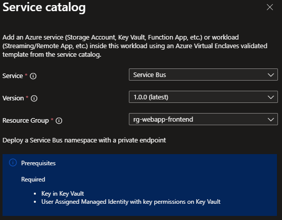Screenshot showing the Service Bus template selected from the service catalog list.
