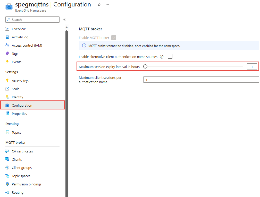 Screenshot that shows the maximum session expiry interval configuration.