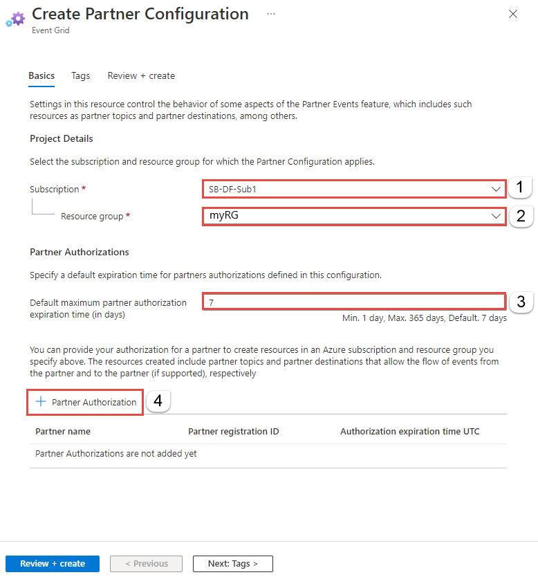 Screenshot of the Create Partner Configuration page with the Partner Authorization link selected.