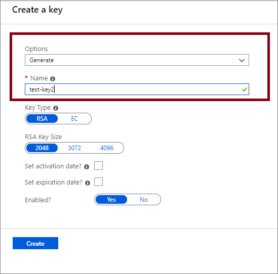 Screenshort of the Create a key page with the key specified.