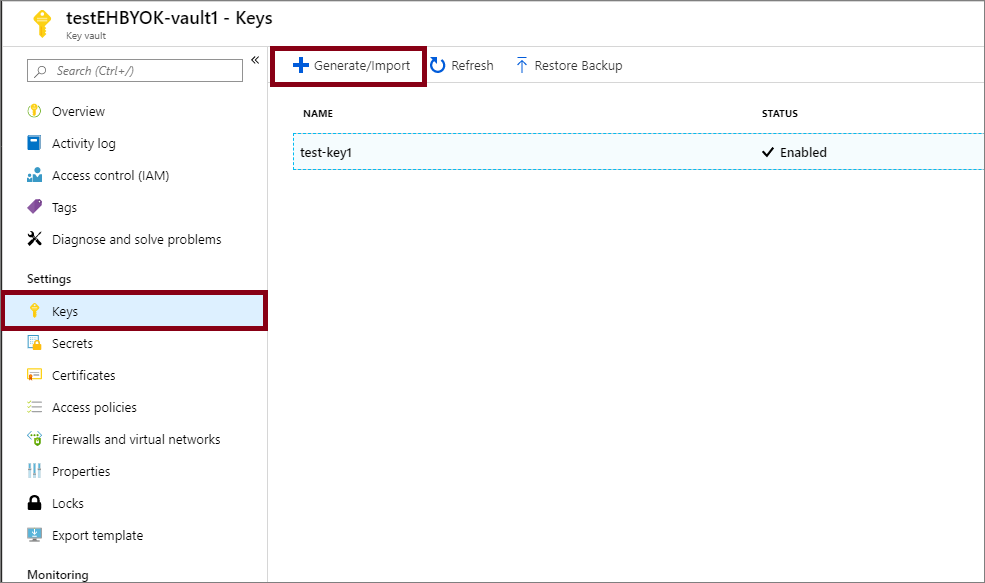 Screenshot of the Key Vault page with the Generate or Import button selected.
