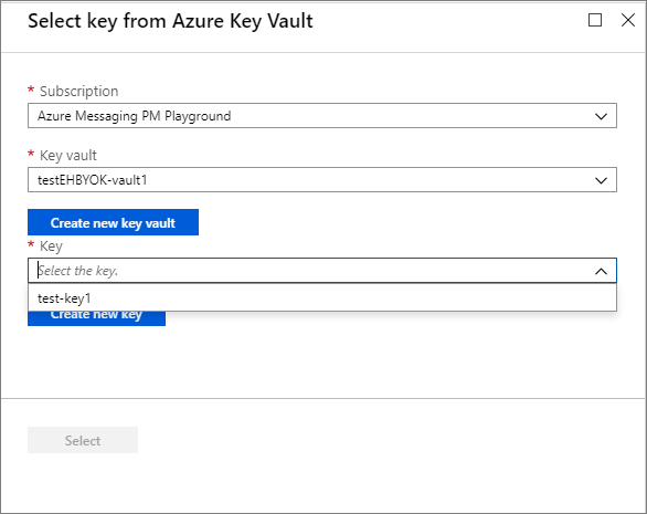 Screenshot of the Select key from Azure Key Vault page.