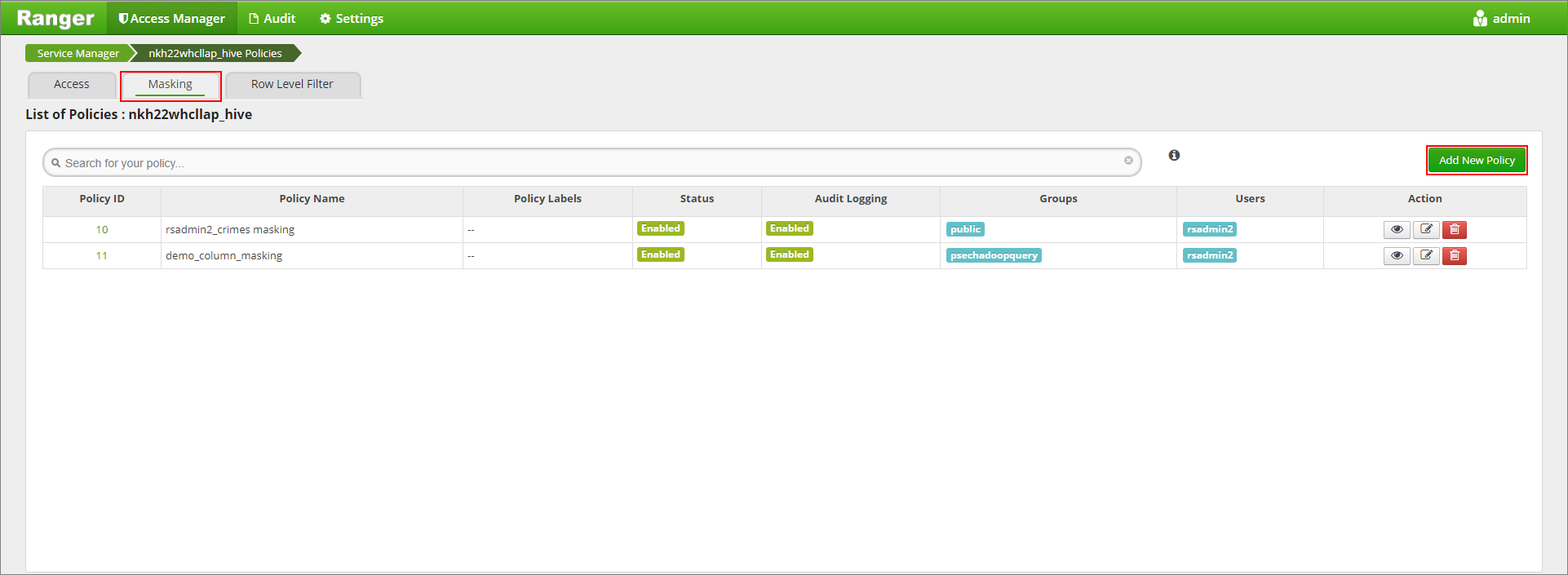 Screenshot of hive warehouse connector ranger hive policy list.