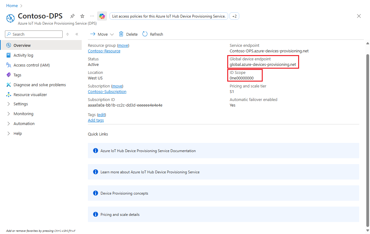 Screenshot of Device Provisioning Service overview page in the Azure portal.