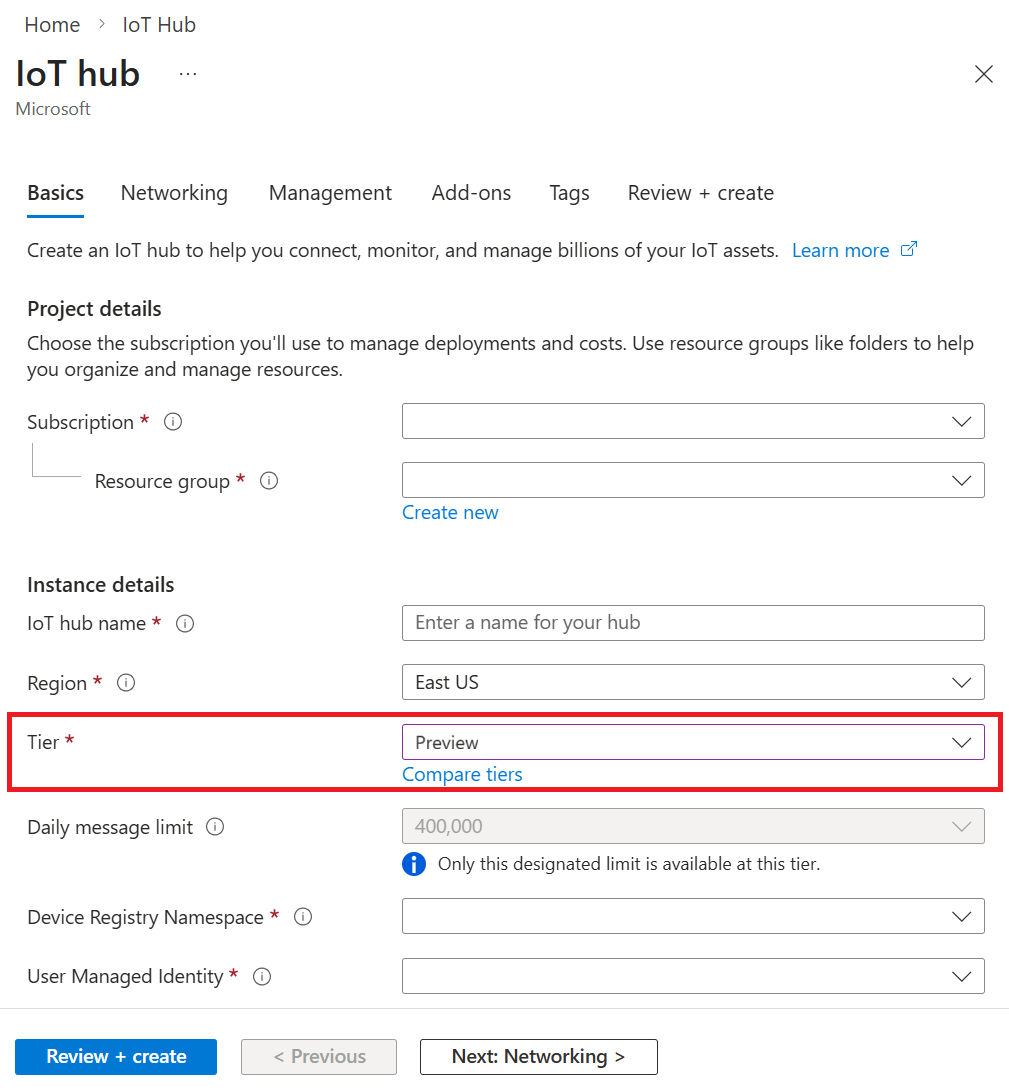 Screenshot that shows how to create an IoT hub in the Azure portal.