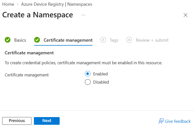 Screenshot that shows how to enable certificate management for an ADR namespace in the Azure portal.