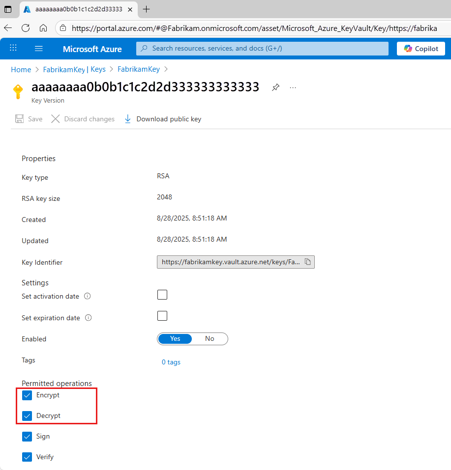 Screenshot shows the Azure portal and key vault resource with the key and key version pages open and the selected Encrypt and Decrypt operations.