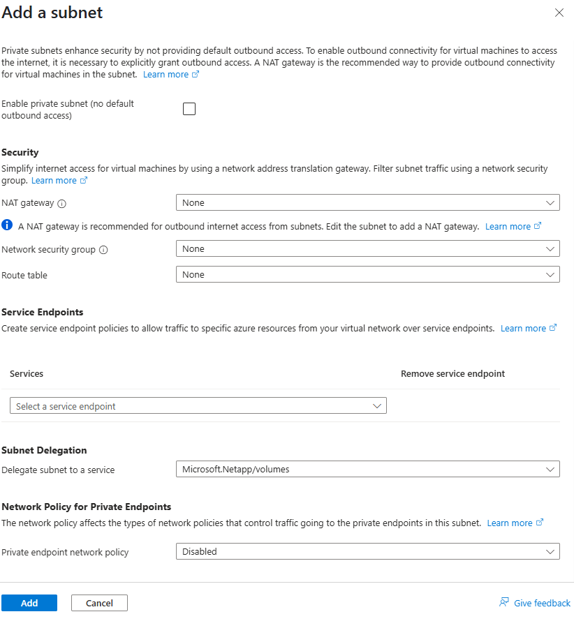 Screenshot that shows selections for choosing subnet delegation.