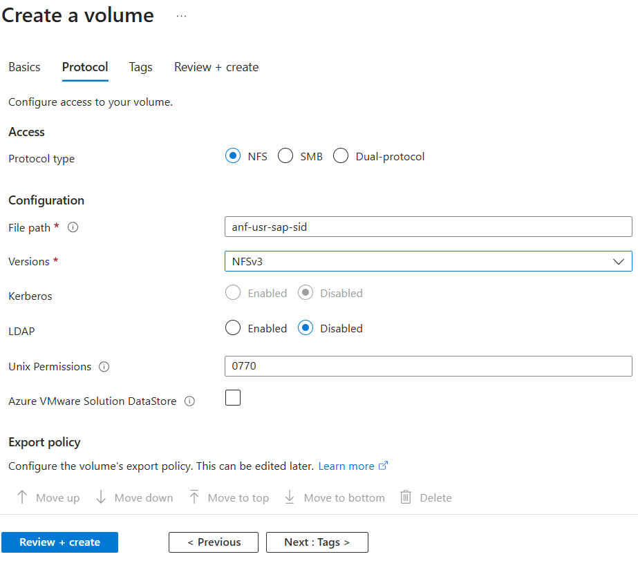 Screenshot that shows protocol details for creating a volume.