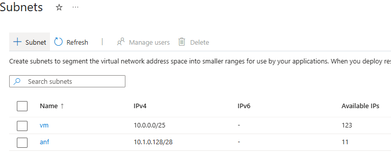 Screenshot that shows a list of subnets.
