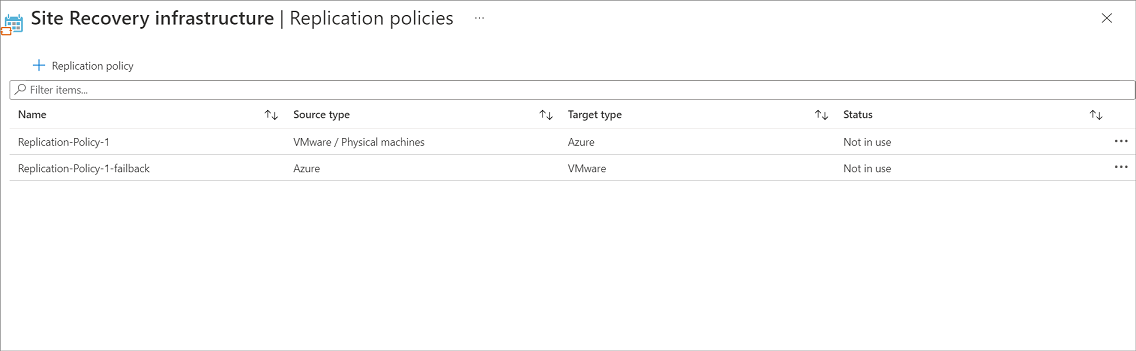 Screenshot of Replication policy listing.