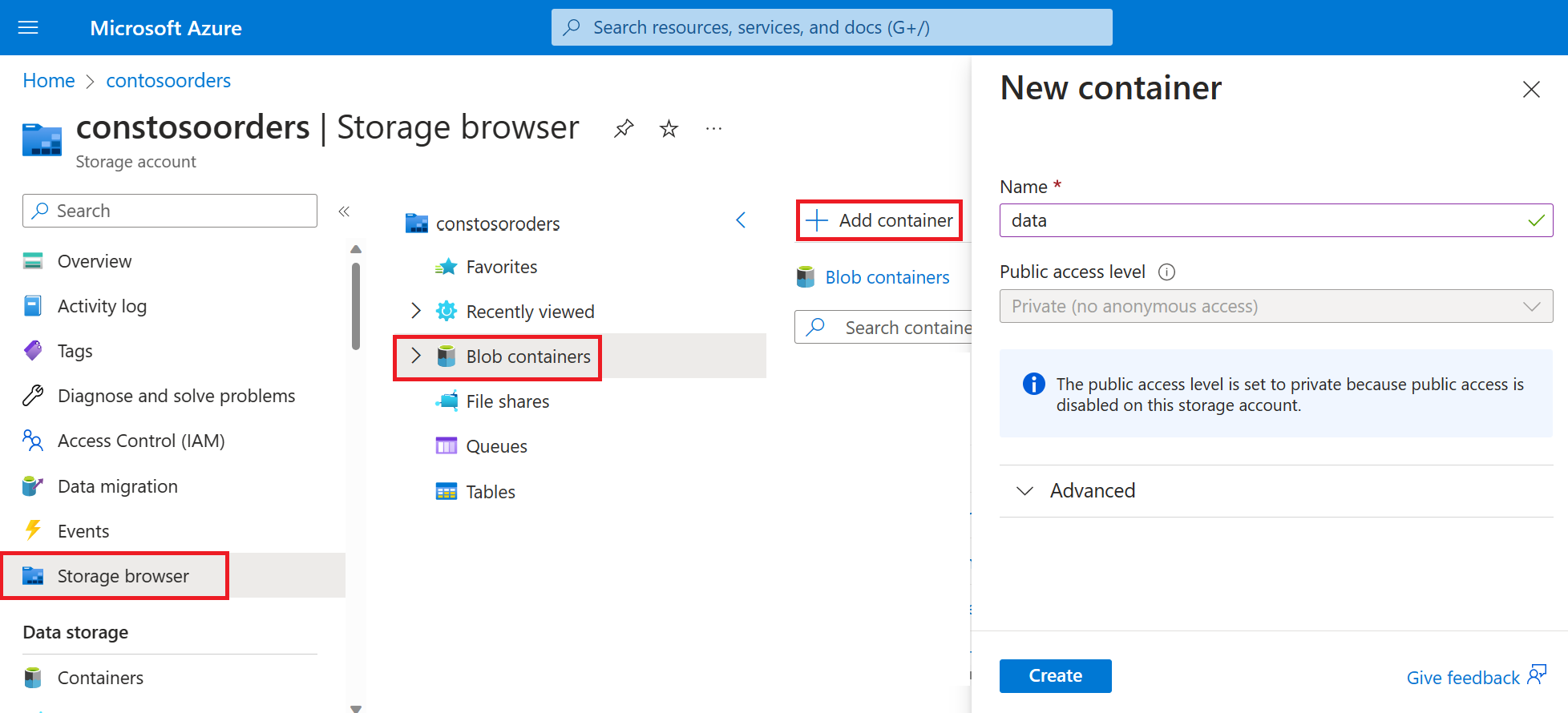 Screenshot of creating a container in the Azure Storage browser.