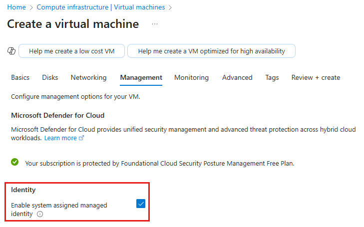 Screenshot that shows how to enable a system-assigned managed identity when creating a new VM by using the Azure portal.