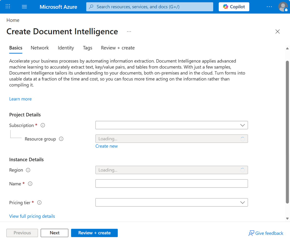 Screenshot that shows Document Intelligence in the portal, with the Create button.