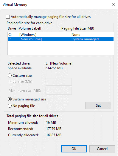 Screenshot of the dialog for virtual memory.