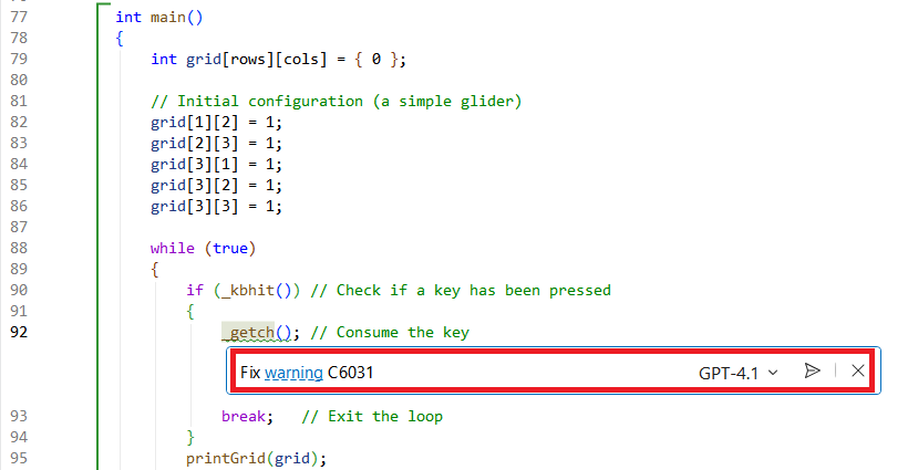 Screenshot of the Copilot chat window. The text: Fix warning C6031 is in the chat window.