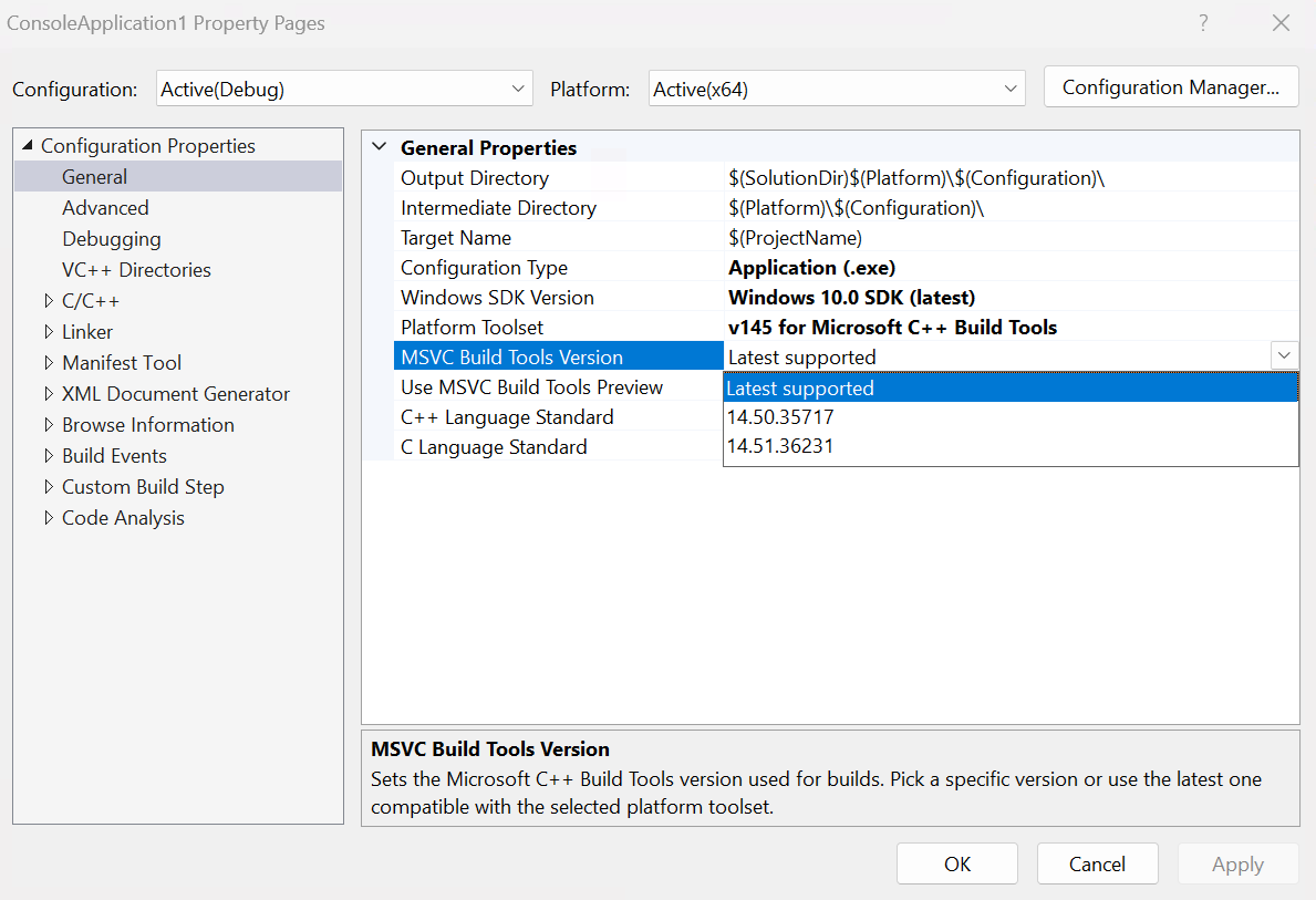 Screenshot of C++ project property pages > General with the MSVC Build Tools Version dropdown expanded to show Latest supported, 14.50.35717, and 14.51.36231.