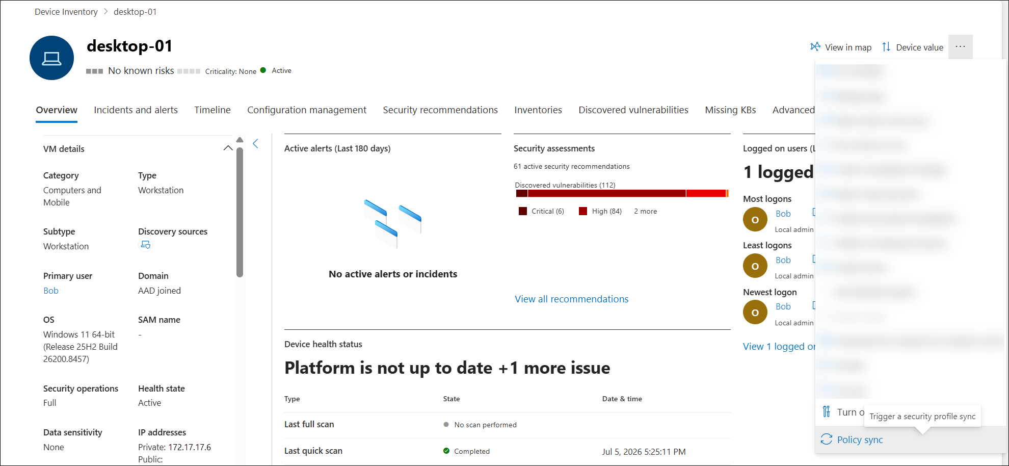 Screenshot of the Policy sync button in the actions menu.
