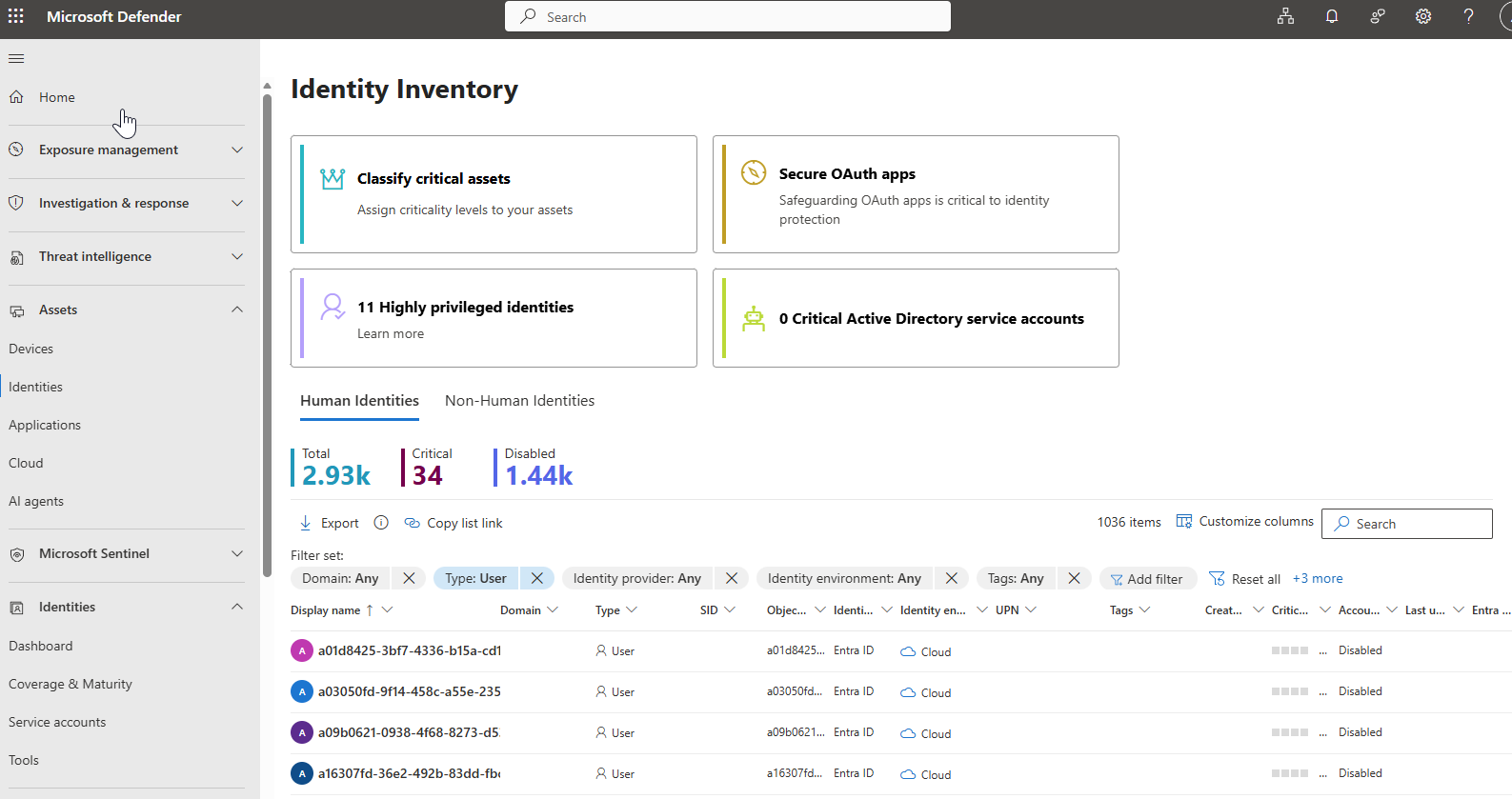 Screenshot of the identity inventory page in the Microsoft Defender portal.