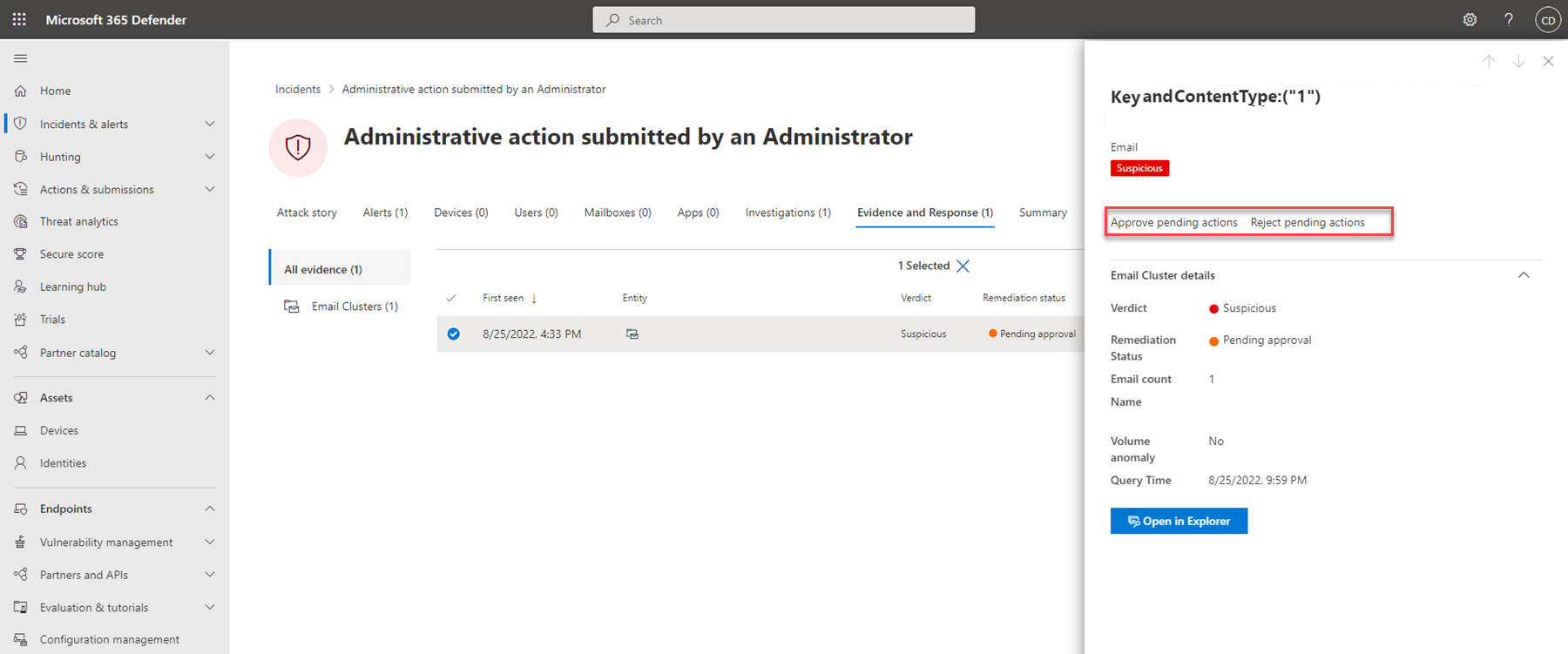 The Approve\Reject option in the Evidence and Response management pane for an incident in the Microsoft Defender portal