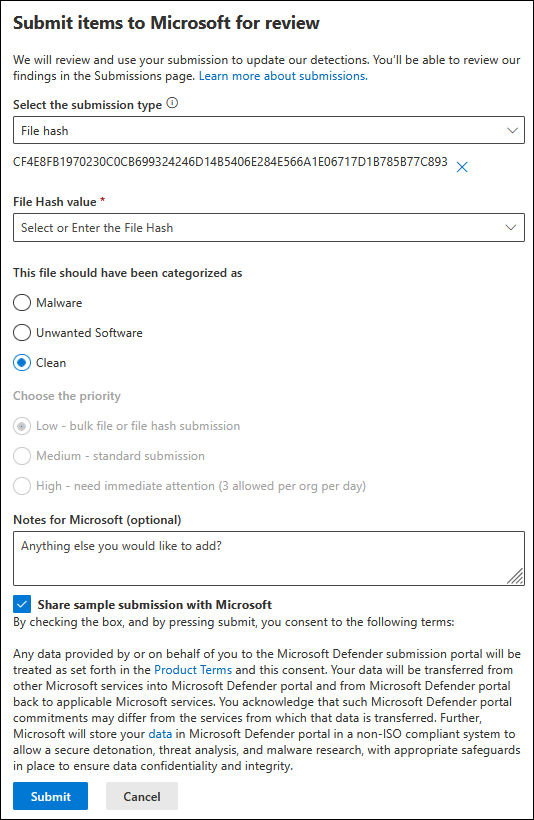 Screenshot showing how to submit files hashes.