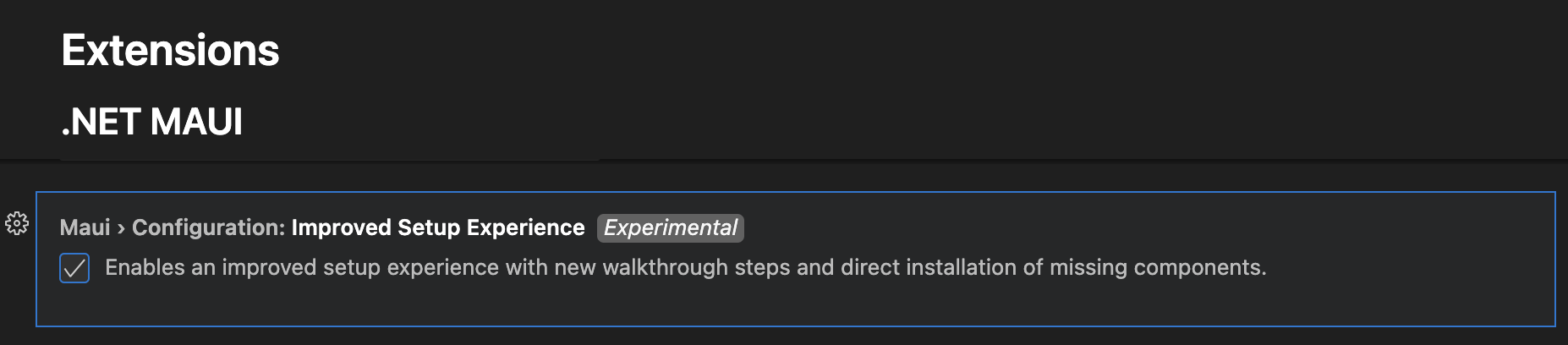 Screenshot of the Visual Studio Code improved dotnet maui setup experimental setting.