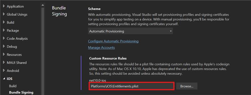 Visual Studio custom entitlements field set.