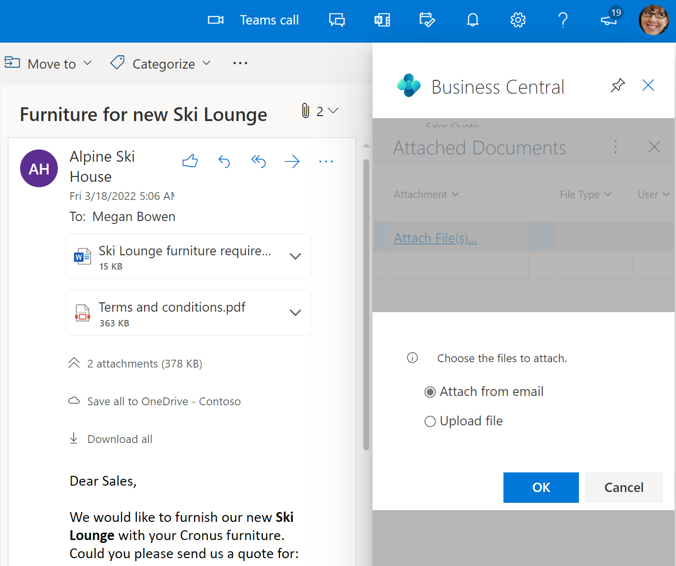 Shows how to add attachments from an email to records in Business Central.