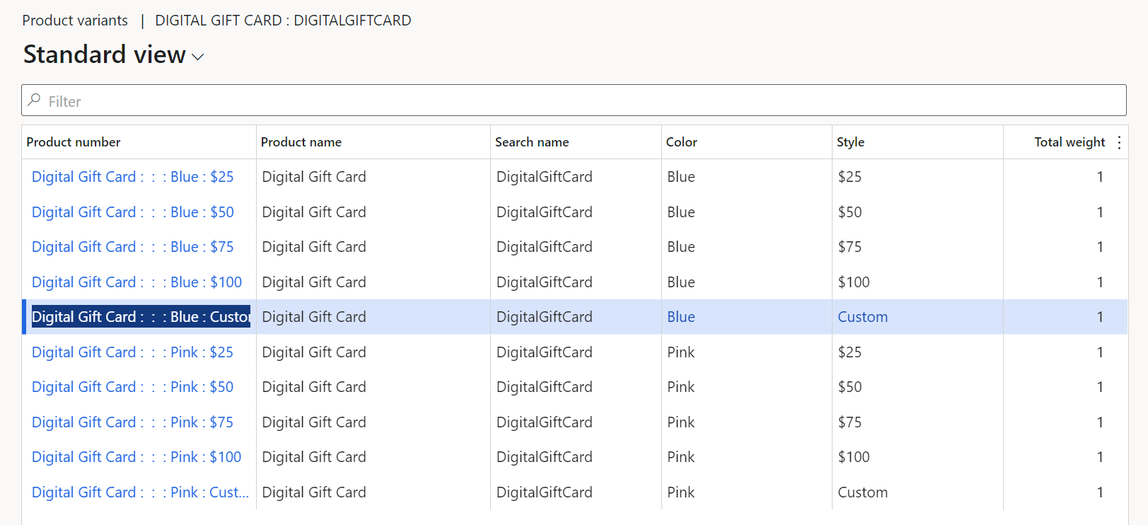 Screenshot of digital gift card product variants with custom price variant example.
