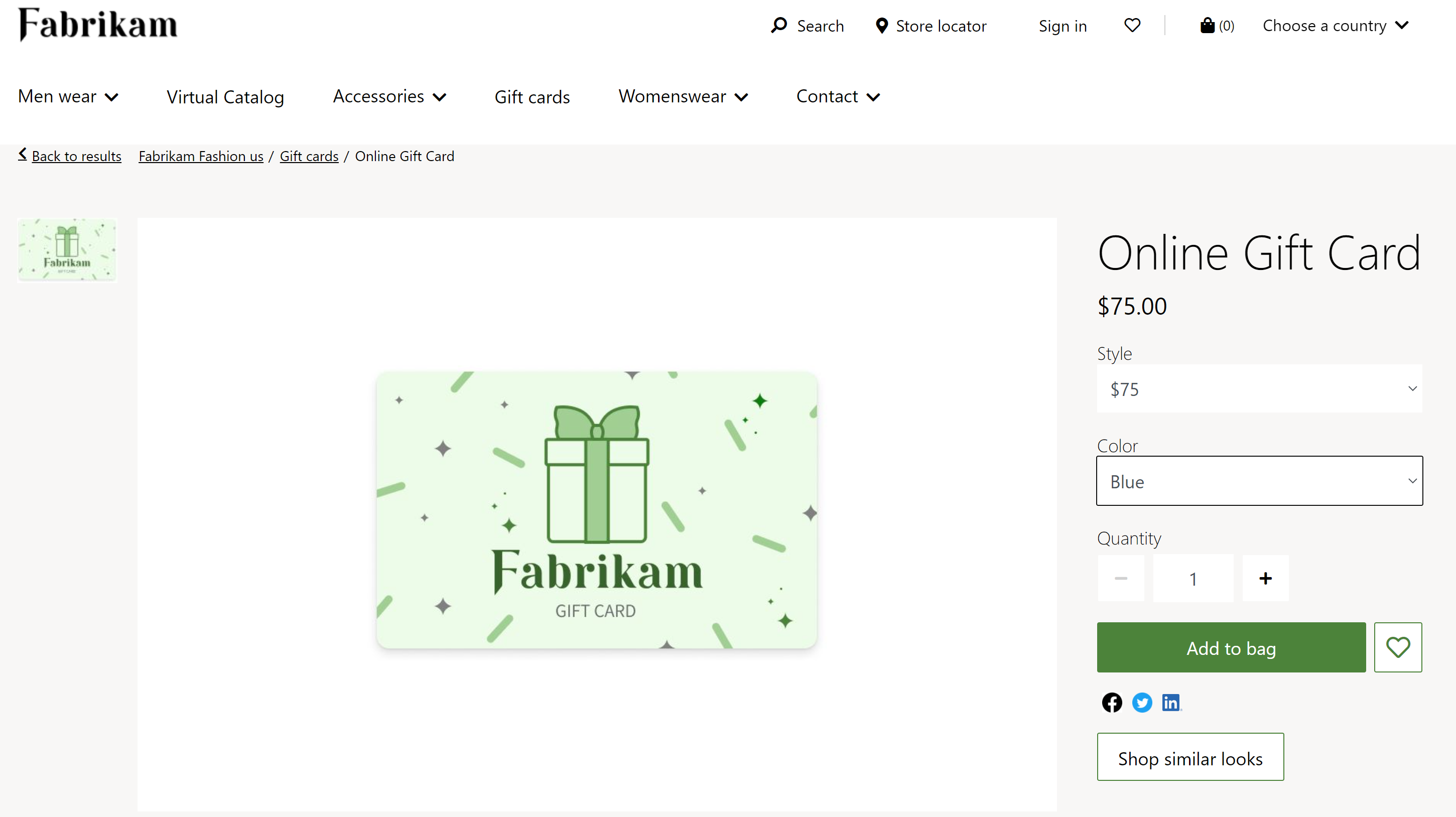 Screenshot of a digital gift card product details page on the Fabrikam e-commerce site.