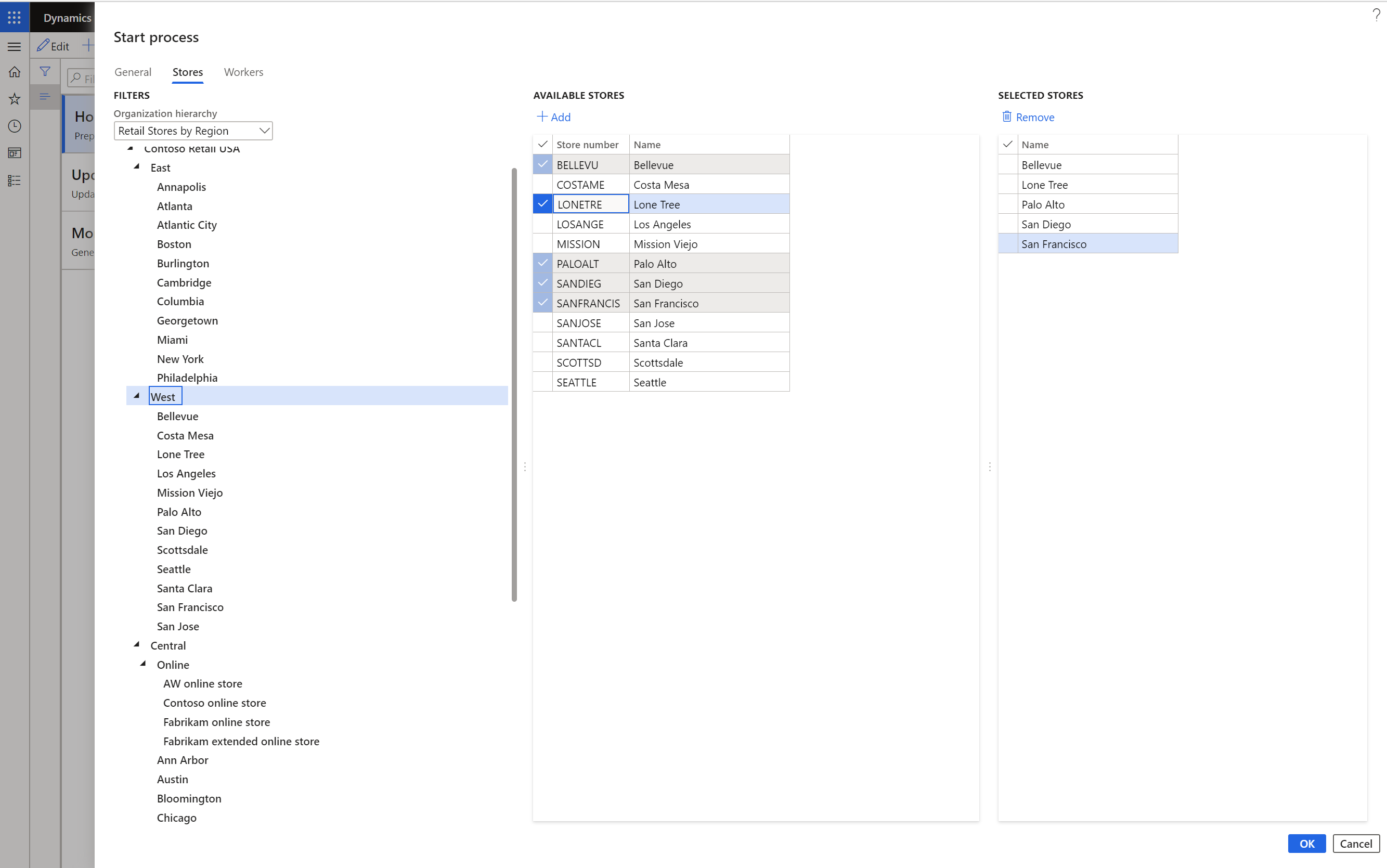 Screenshot of finding and selecting stores in the Start process dialog box.
