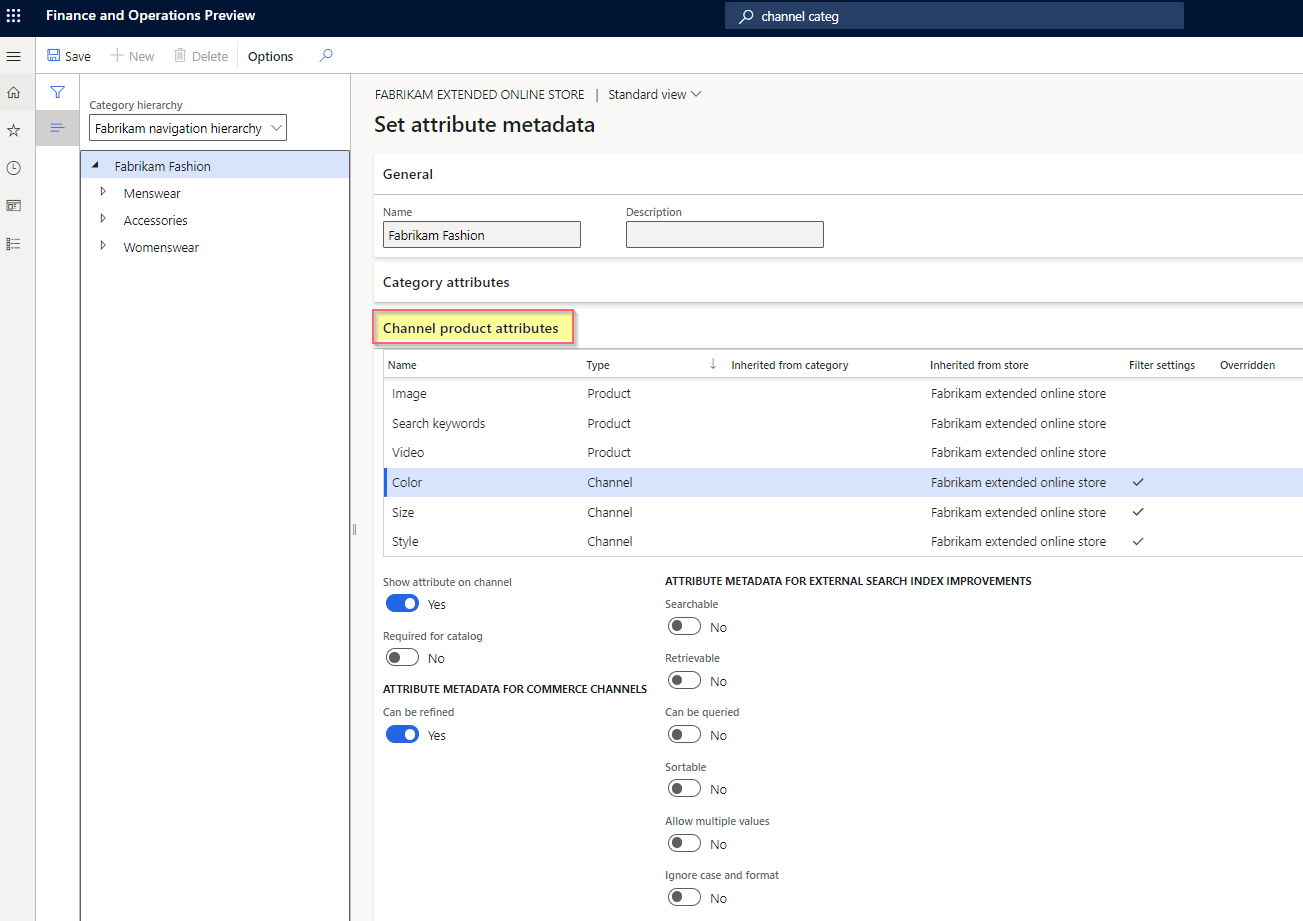 Screenshot of setting attribute metadata for dimension refiners.