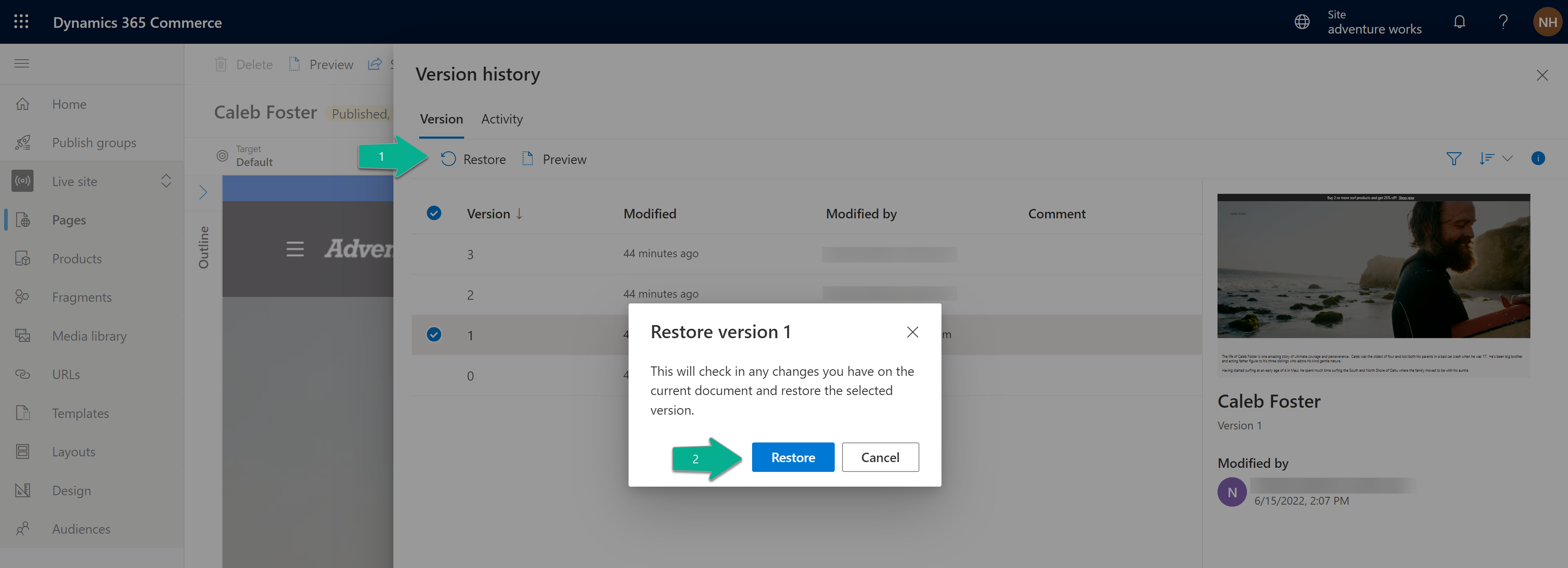 Screenshot of the Restore button and confirmation message box.