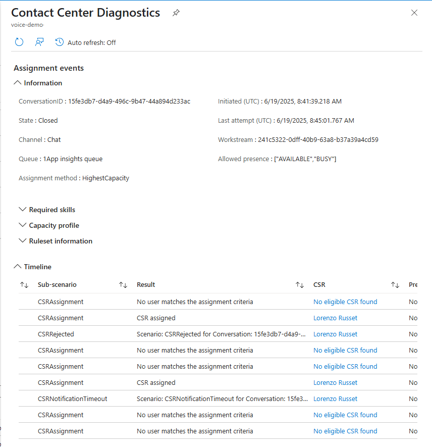 A screenshot of the assignment events.