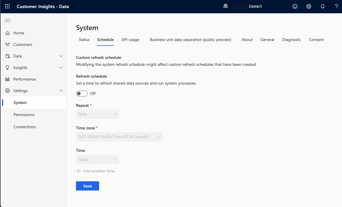 Screenshot of the Schedule refresh tab from the System page.