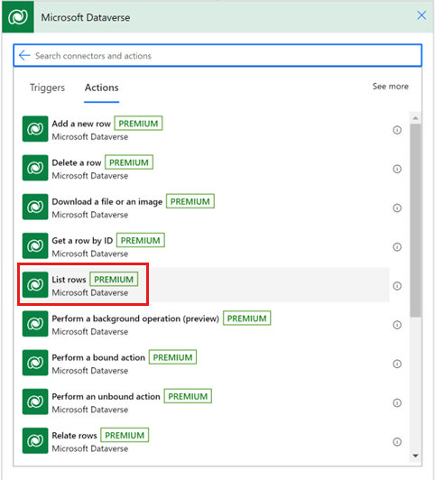 Screenshot showing list of different actions to list rows.