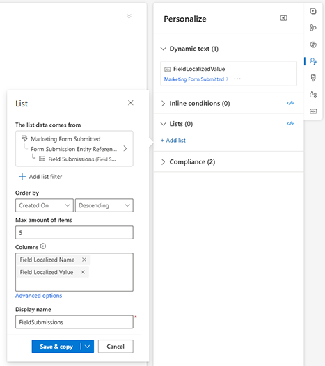 Screenshot showing personalized list.