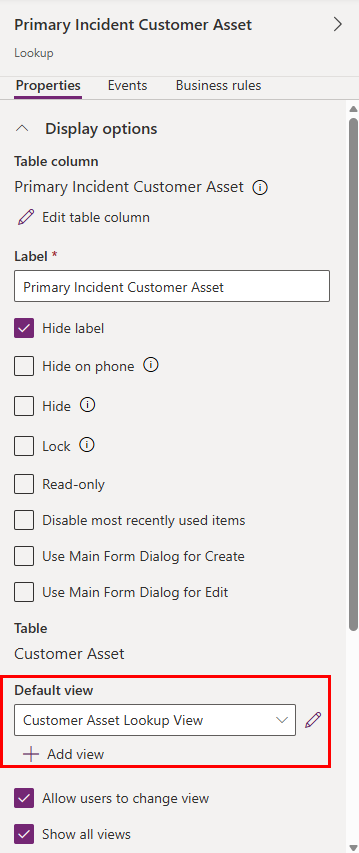 Screenshot of the Customer Asset Lookup View field properties in Power Apps.