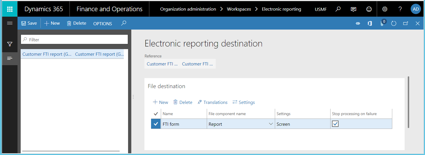Screenshot of the Electronic reporting destination settings.