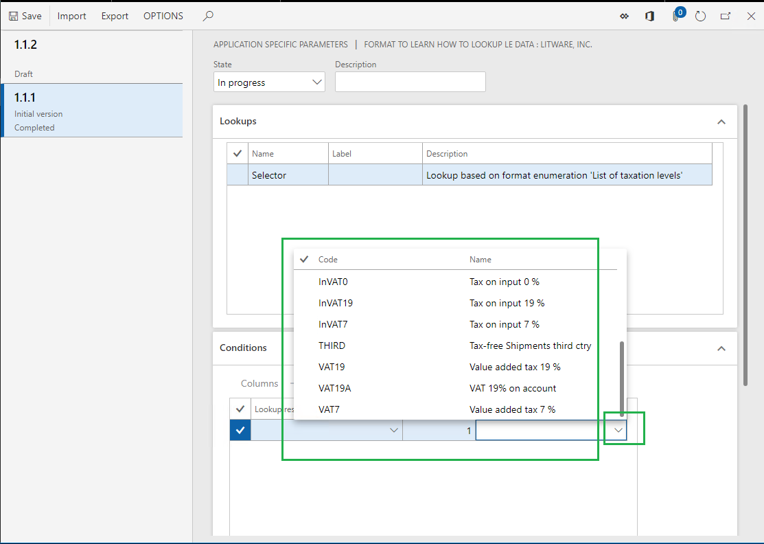 Screenshot of the Code field lookup on the ER application-specific parameters page.