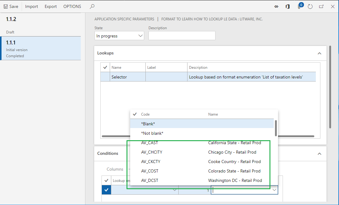 Screenshot of the tax codes for the USMF company tax selection.