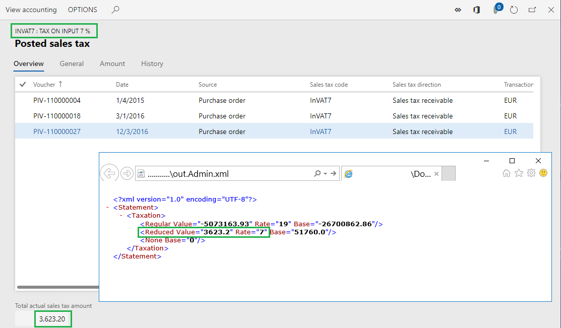 Screenshot of the Posted sales tax page showing tax values and applied tax rates.